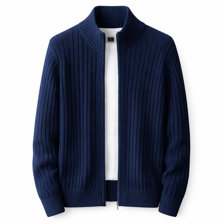 Mäns Ribbad Zip Cardigan Med Ståkrage Stickad Jacka