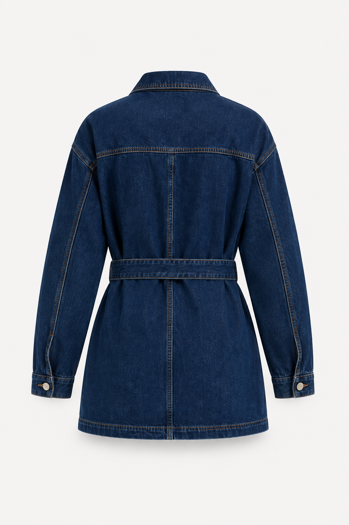 Kvinnors Bälte Denim Utility Jacka – Oversized Skjortkrage Lager för Vår och Höst