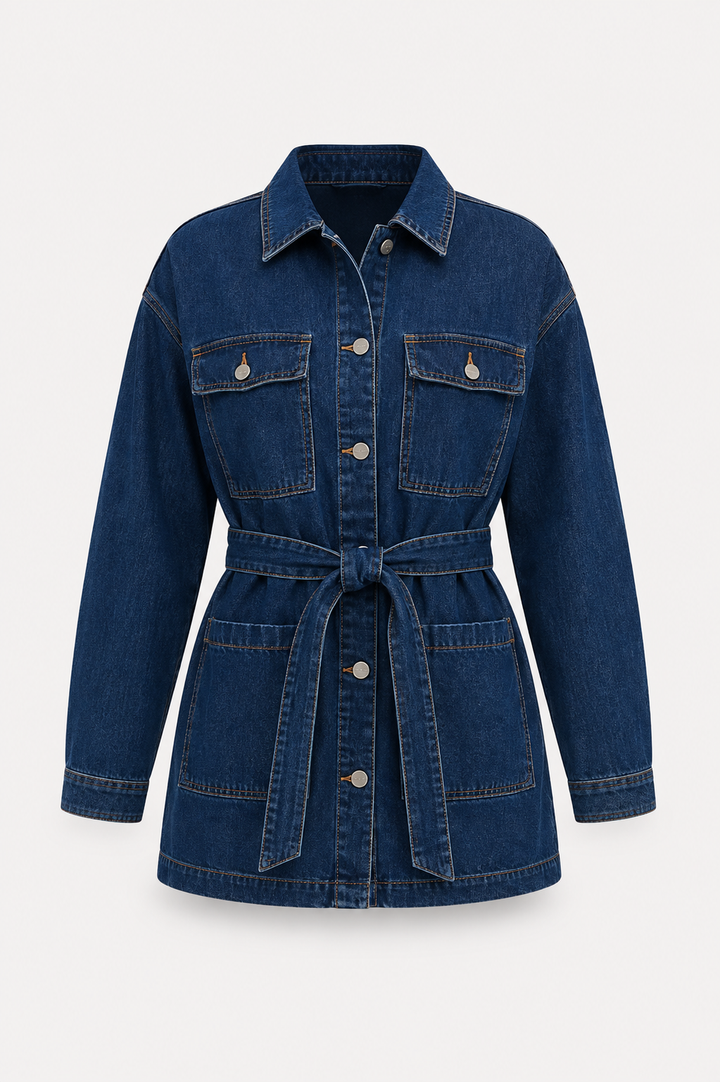 Kvinnors Bälte Denim Utility Jacka – Oversized Skjortkrage Lager för Vår och Höst