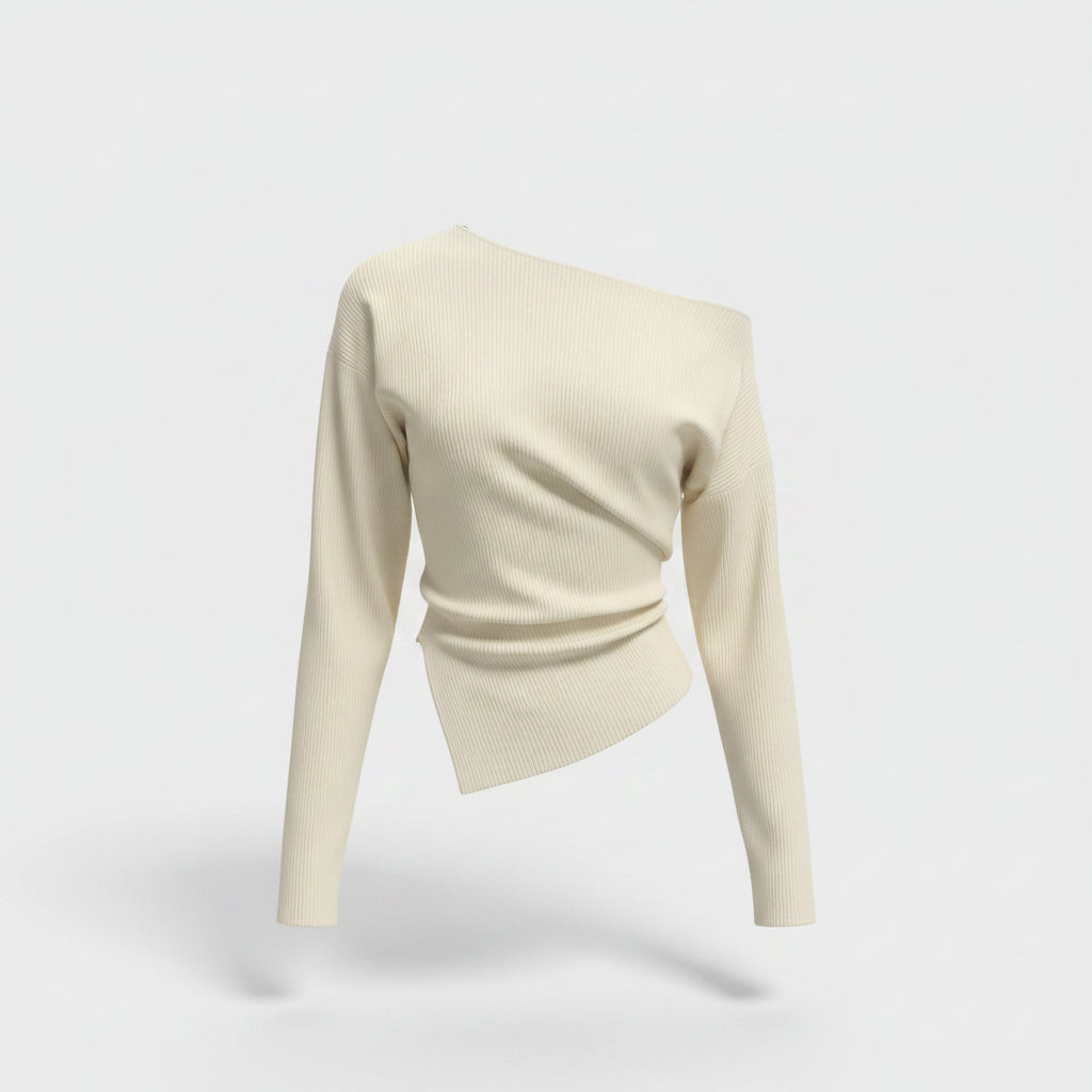 Kvinnors Off-Shoulder Draperad Topp – Asymmetrisk Långärmad Statement Blus för Dags- till Kvällsbruk