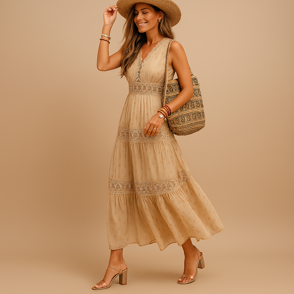 Kvinnors Boho Sommarklänning Lätt Flödande Ibiza Stil Avslappnad Passform Strand Festival Outfit