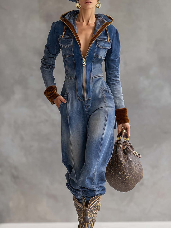 Kvinnors Huvtröja Denim Jumpsuit – Dragkedja Framsidan Utility One-Piece för Avslappnad Gatustil