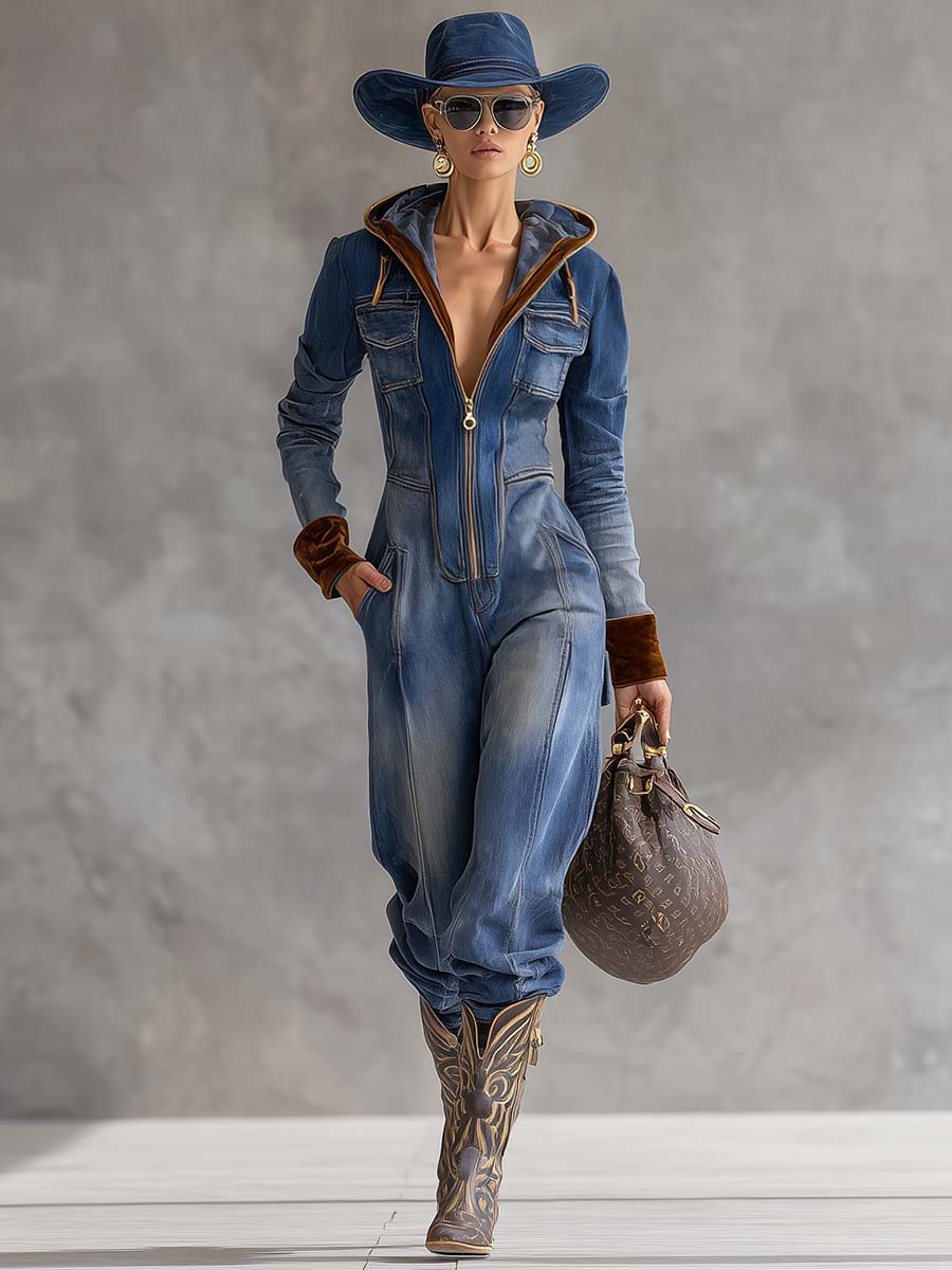 Kvinnors Huvtröja Denim Jumpsuit – Dragkedja Framsidan Utility One-Piece för Avslappnad Gatustil
