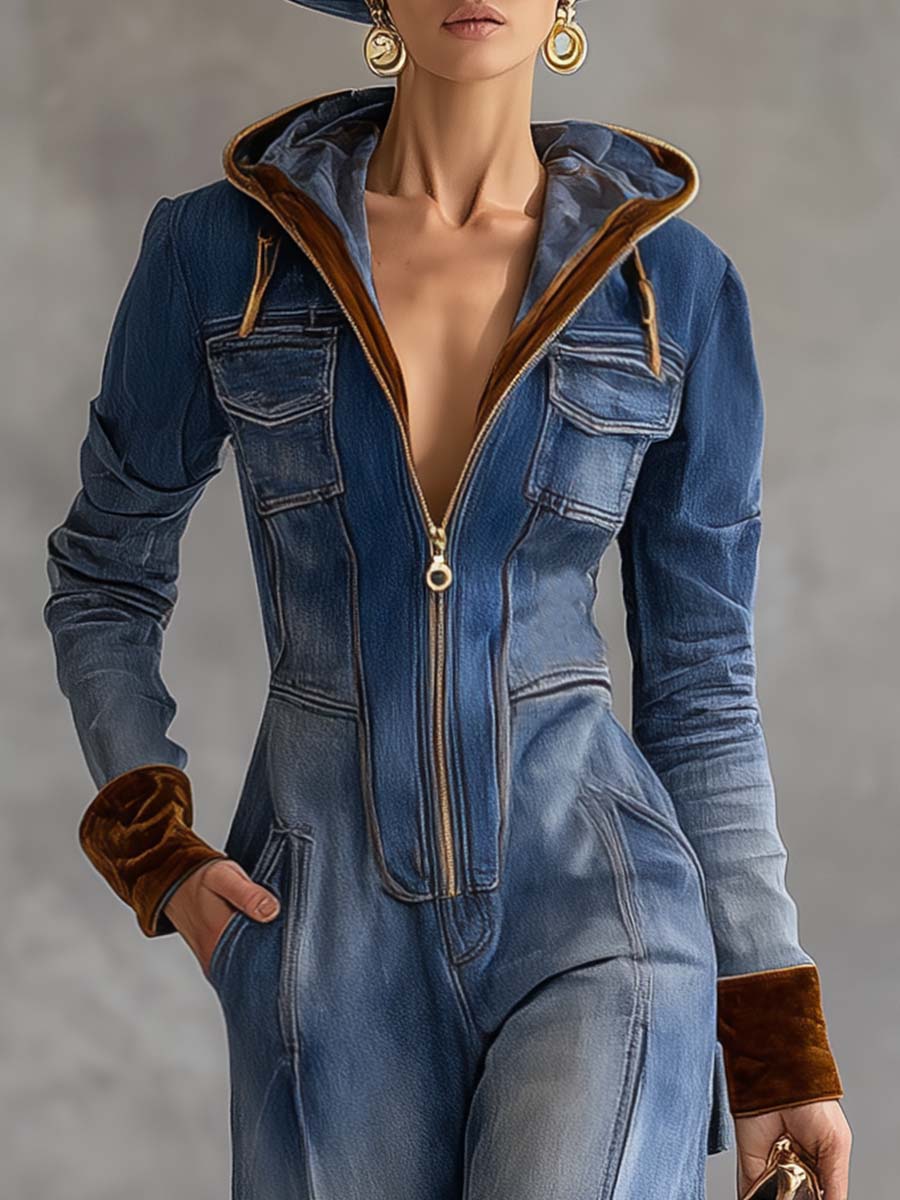 Kvinnors Huvtröja Denim Jumpsuit – Dragkedja Framsidan Utility One-Piece för Avslappnad Gatustil