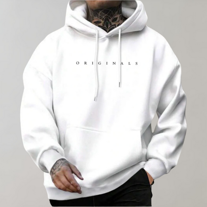 Herrars Minimalistiska Hoodie med Tryckt Logotyp, Avslappnad Passform