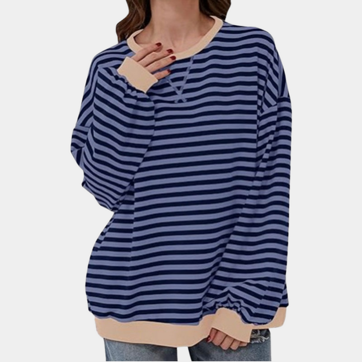 Kvinnors Oversized Randig T-shirt med Långa Ärmar - Avslappnad Top