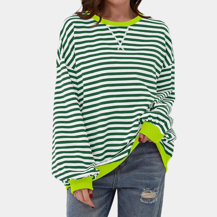 Kvinnors Oversized Randig T-shirt med Långa Ärmar - Avslappnad Top