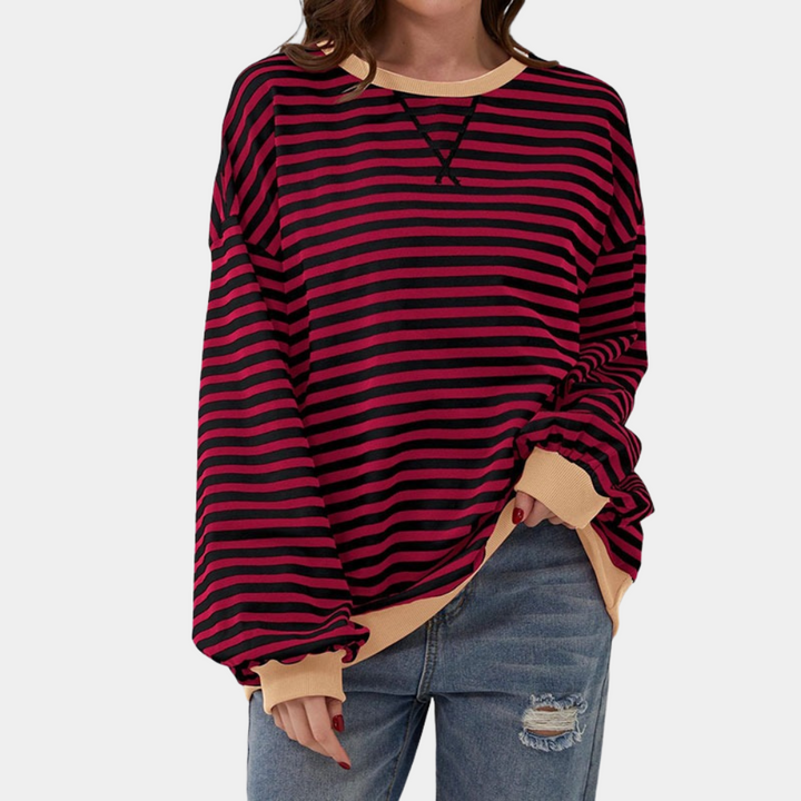 Kvinnors Oversized Randig T-shirt med Långa Ärmar - Avslappnad Top