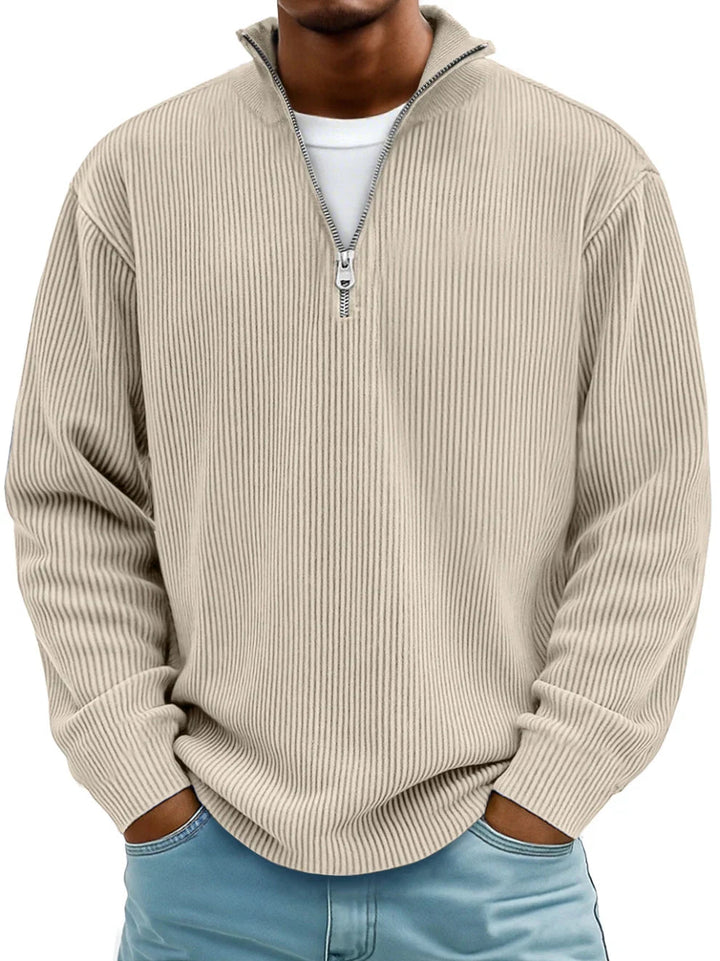 Herrens Ribbad Halvdragkedja Sweatshirt Avslappnad Oversized Casual Stickad