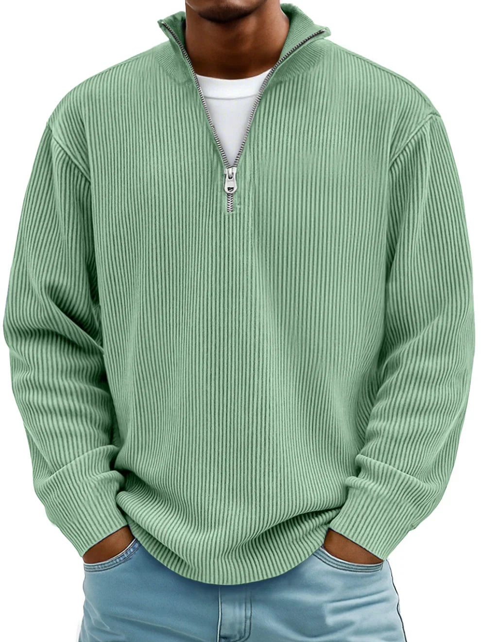 Herrens Ribbad Halvdragkedja Sweatshirt Avslappnad Oversized Casual Stickad