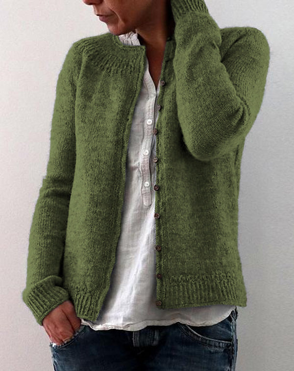 Kvinnors Finstickad Knappcardigan – Crew Neck Lager för Höst och Vinter
