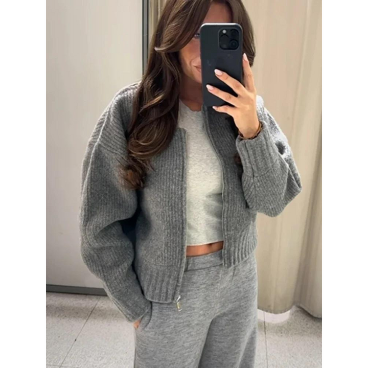 Kvinnors Zip-Front Stickad Kofta – Crew Neck Lager för Höst och Vinter