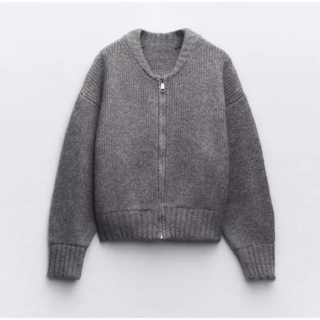 Kvinnors Zip-Front Stickad Kofta – Crew Neck Lager för Höst och Vinter