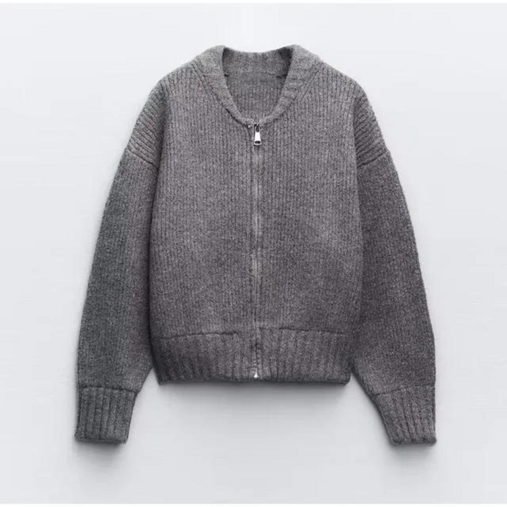 Kvinnors Zip-Front Stickad Kofta – Crew Neck Lager för Höst och Vinter