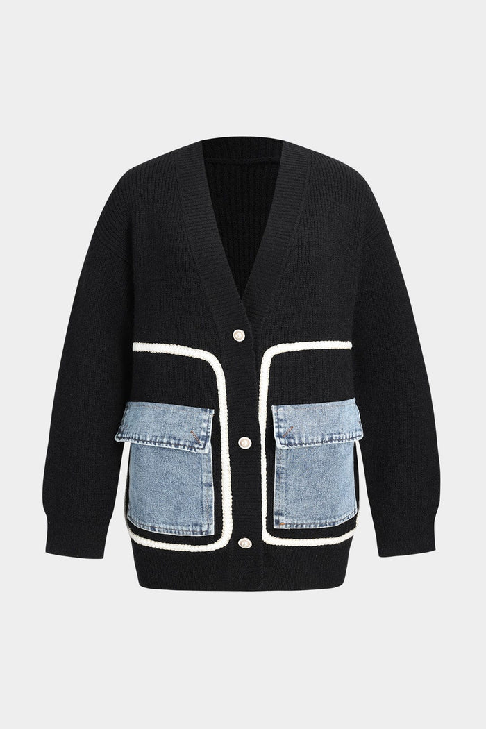 Ella Noir Kvinnors Stickad Kofta med Denimfickor för Enkelt Vardagsstil