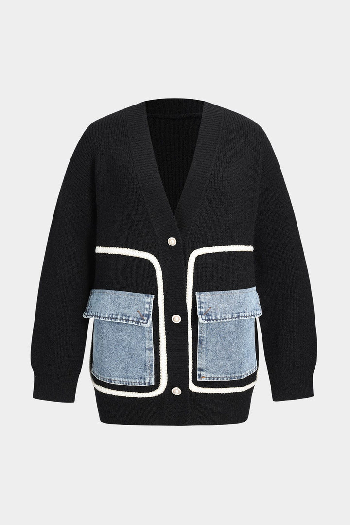Ella Noir Kvinnors Stickad Kofta med Denimfickor för Enkelt Vardagsstil