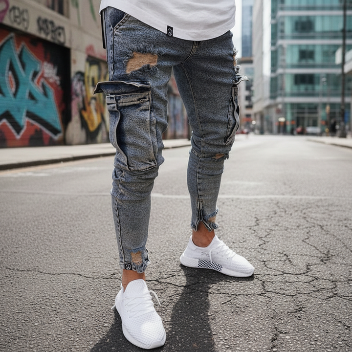 Herrens Tapered Denim Cargo Byxor – Utility Streetwear med Lårfickor