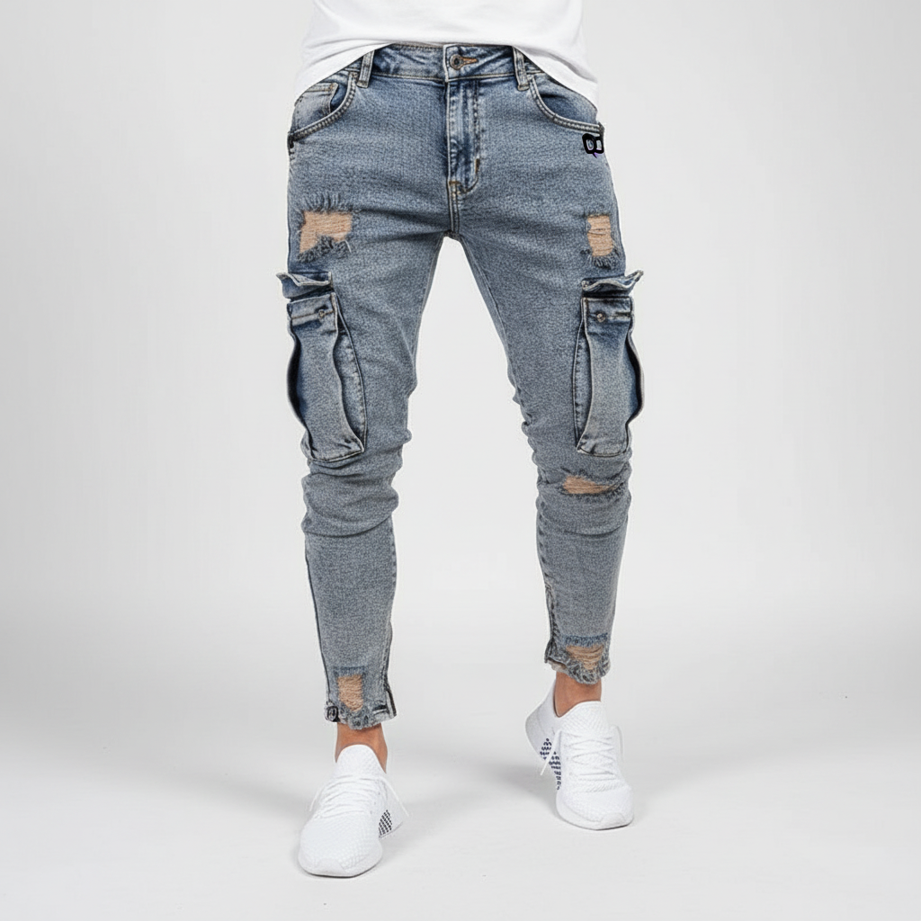 Herrens Tapered Denim Cargo Byxor – Utility Streetwear med Lårfickor