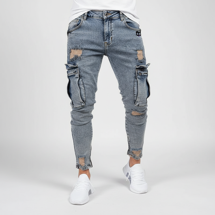 Herrens Tapered Denim Cargo Byxor – Utility Streetwear med Lårfickor
