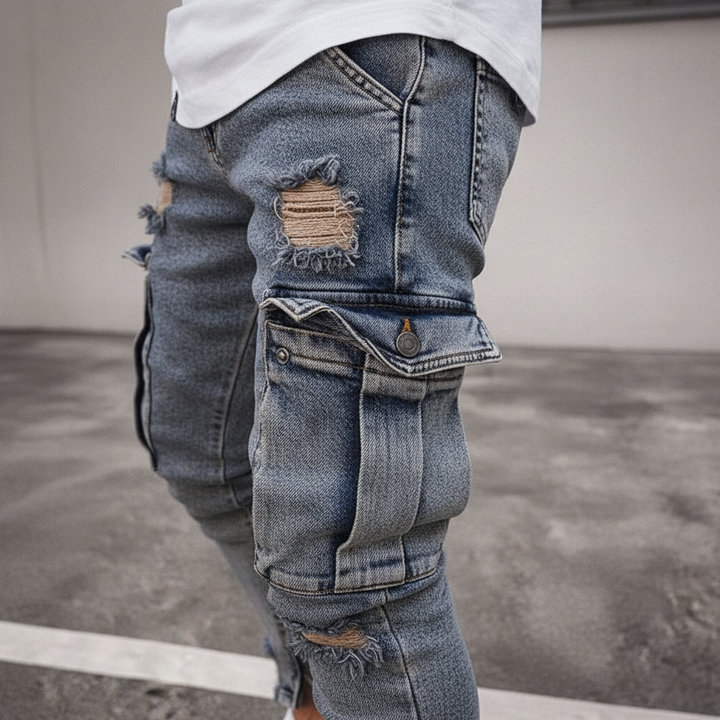 Herrens Tapered Denim Cargo Byxor – Utility Streetwear med Lårfickor