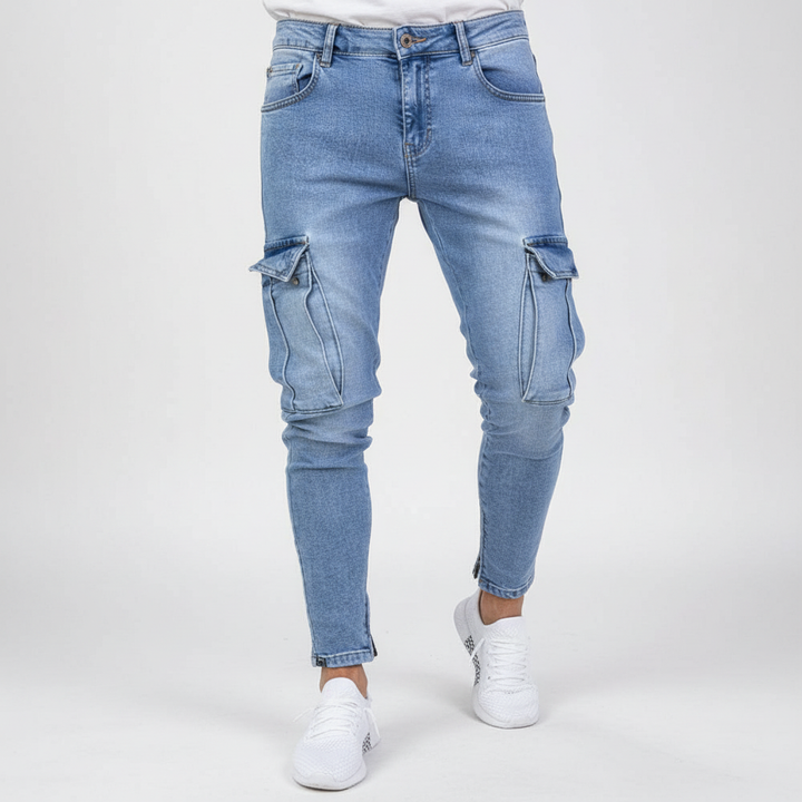 Herrens Tapered Denim Cargo Byxor – Utility Streetwear med Lårfickor