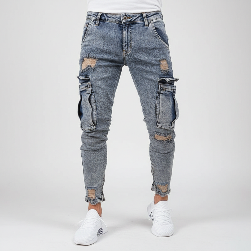 Herrens Tapered Denim Cargo Byxor – Utility Streetwear med Lårfickor