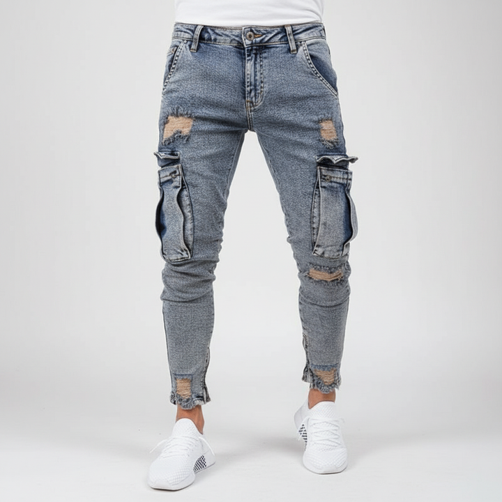 Herrens Tapered Denim Cargo Byxor – Utility Streetwear med Lårfickor