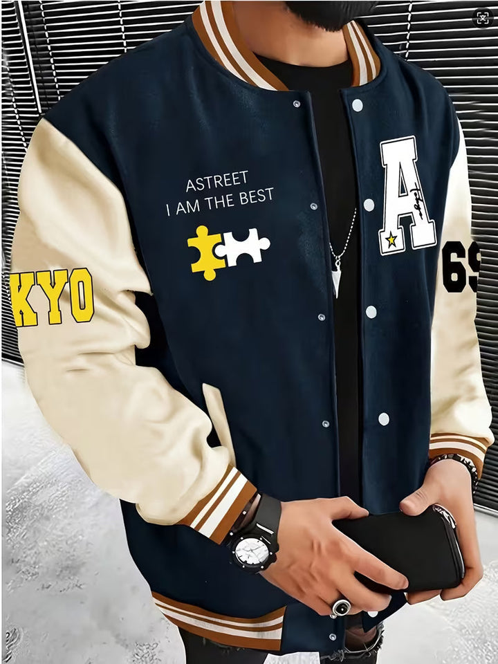Herrars Färgblock Jacka – Avslappnad Baseballkrage Zip Up Lättviktig Höstjacka