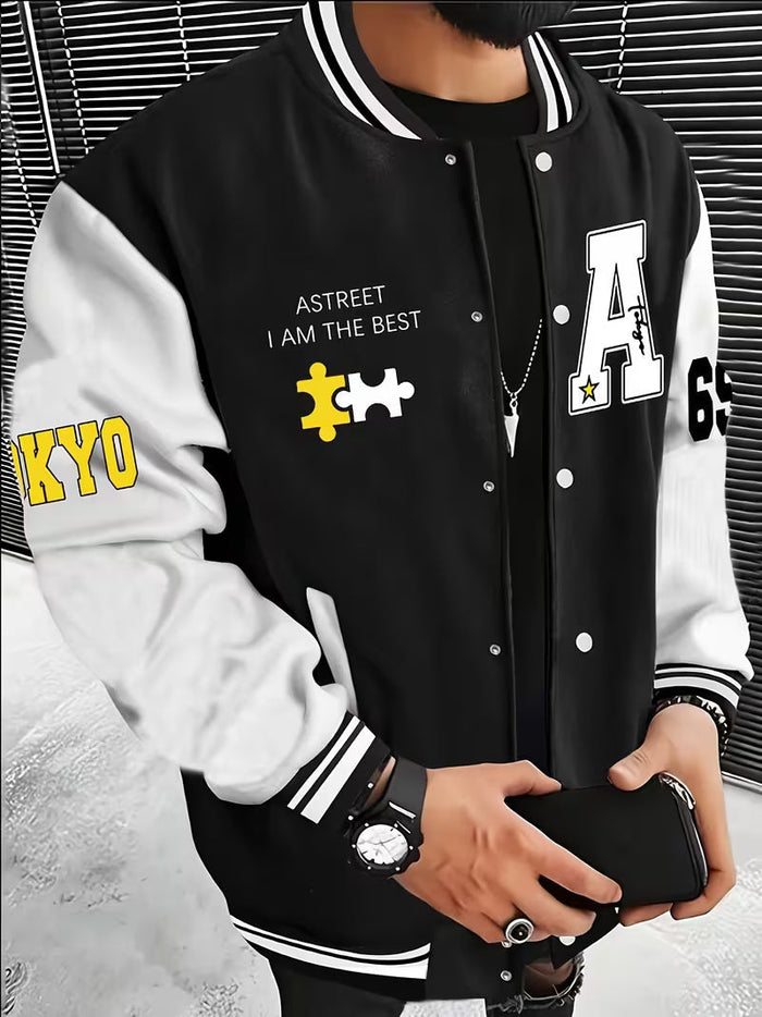 Herrars Färgblock Jacka – Avslappnad Baseballkrage Zip Up Lättviktig Höstjacka