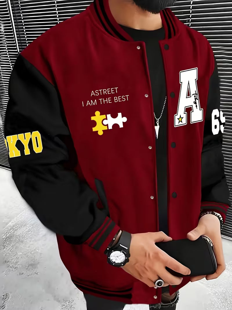 Herrars Färgblock Jacka – Avslappnad Baseballkrage Zip Up Lättviktig Höstjacka