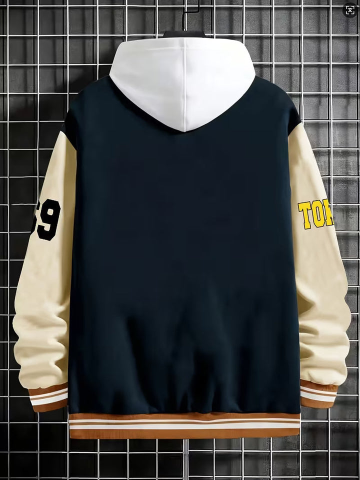 Herrars Färgblock Jacka – Avslappnad Baseballkrage Zip Up Lättviktig Höstjacka