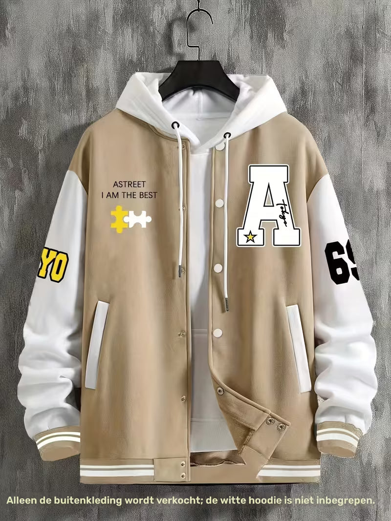 Herrars Färgblock Jacka – Avslappnad Baseballkrage Zip Up Lättviktig Höstjacka