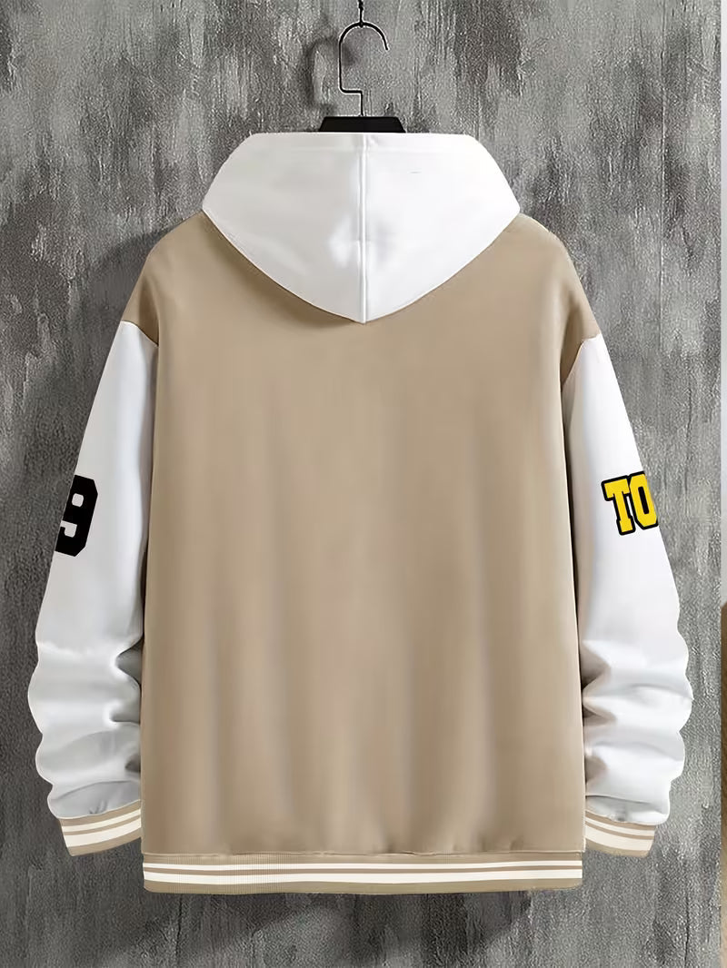 Herrars Färgblock Jacka – Avslappnad Baseballkrage Zip Up Lättviktig Höstjacka
