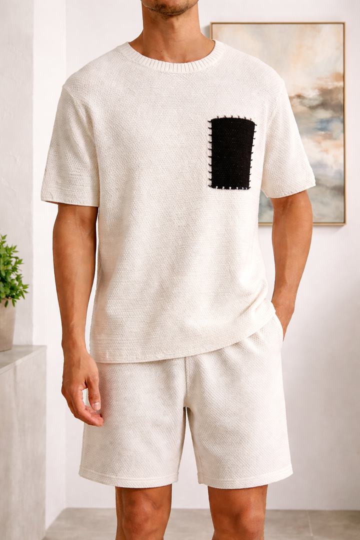 Mäns Texturerad Stickad T-shirt med Korta Ärmar och Kontrastficka