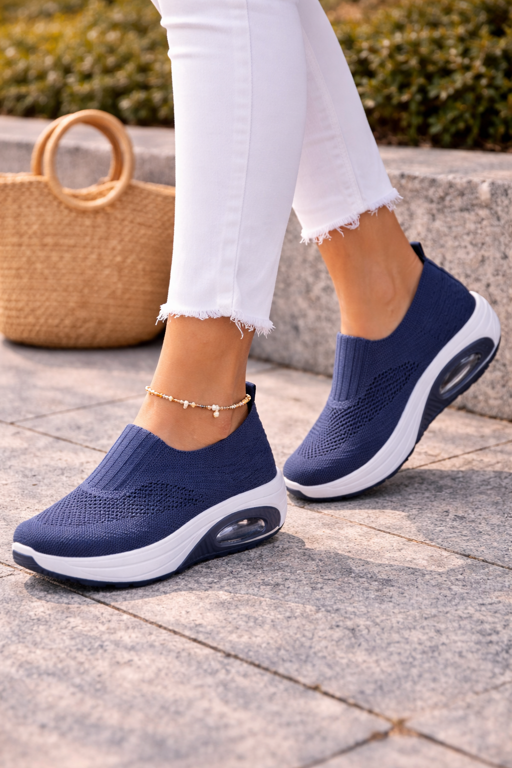 Kvinnors Stickade Slip-On Plattform Walking Trainers