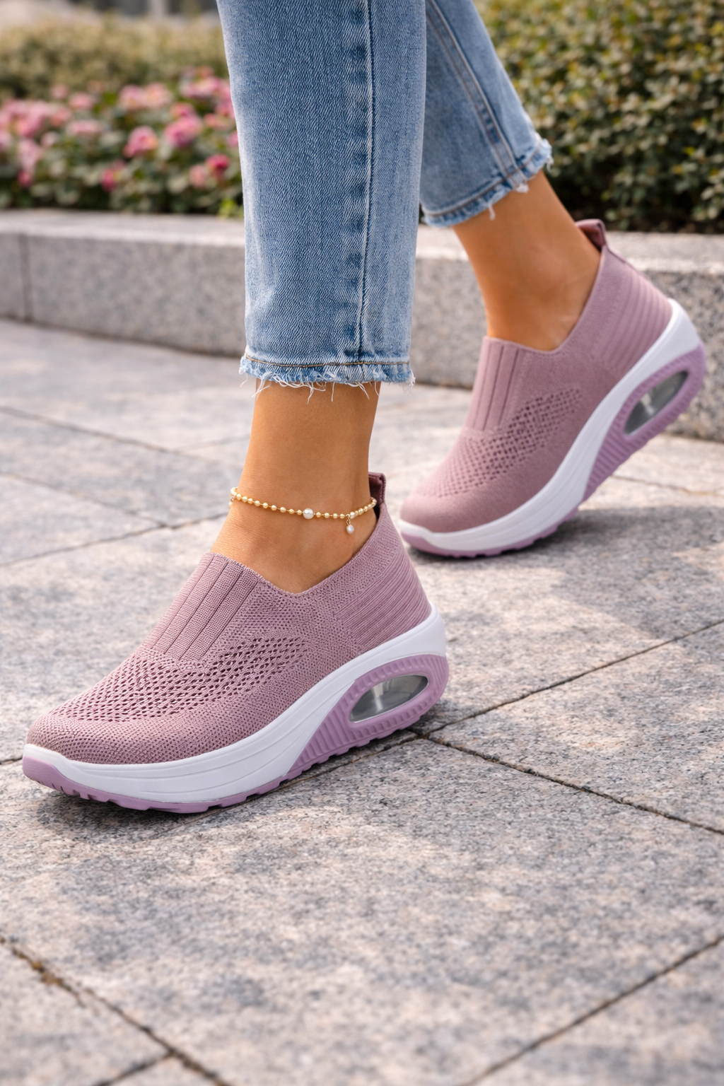 Kvinnors Stickade Slip-On Plattform Walking Trainers
