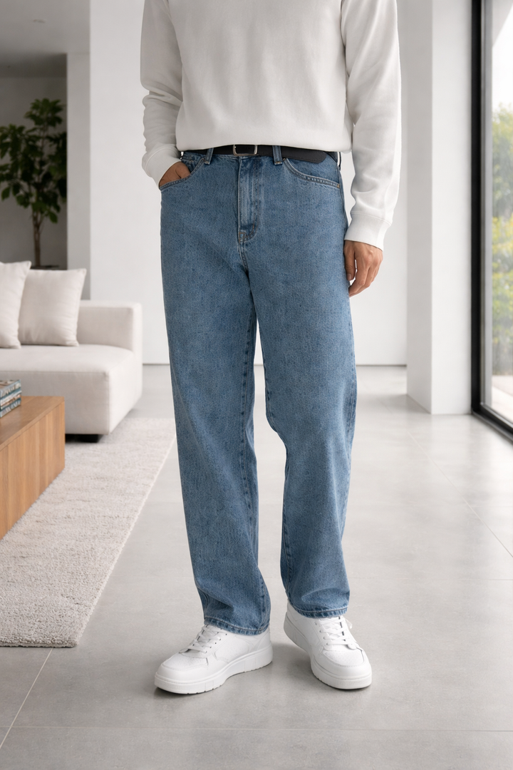 Herrens raka ben denimjeans, avslappnade vardagsbyxor