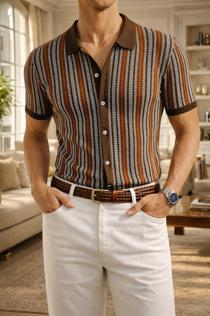 Mönstrad Stickad Knapp-up Polo Skjorta Smart Casual Sommarstil