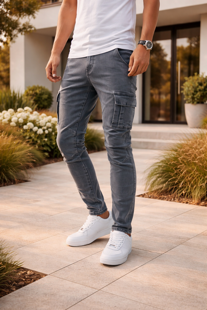 Herrens Slim Fit Cargo Jeans Modern Utility Denim Stil
