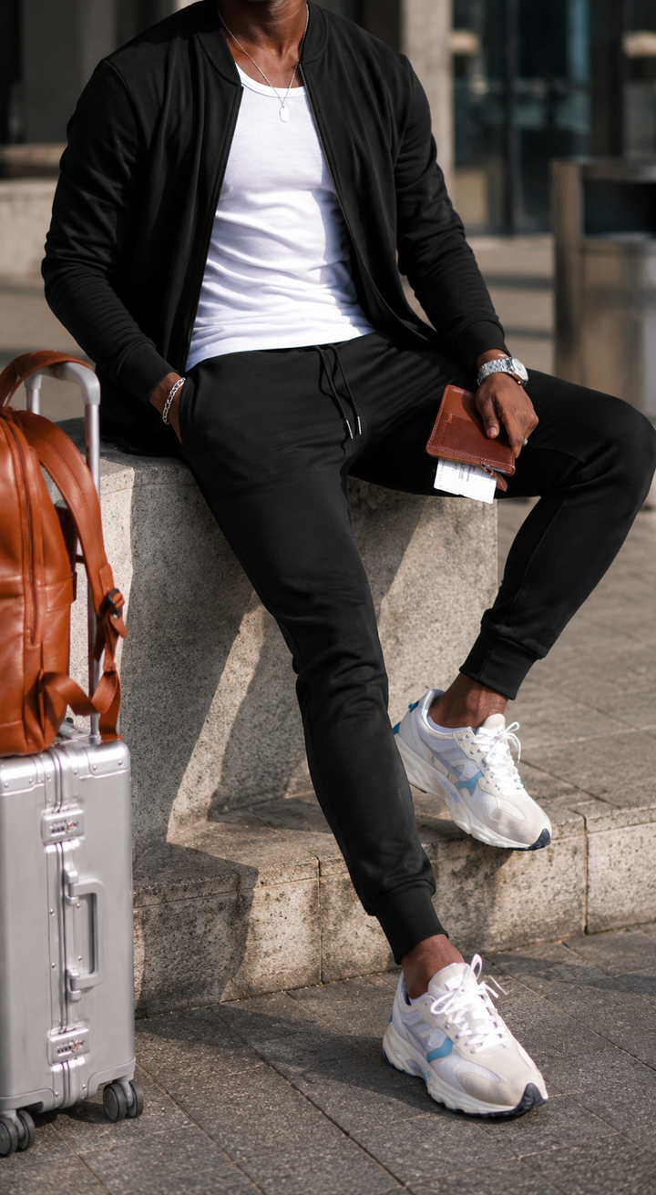Herrars lättviktiga rese-träningsdräkt set med zip-jacka och jogger-outfit