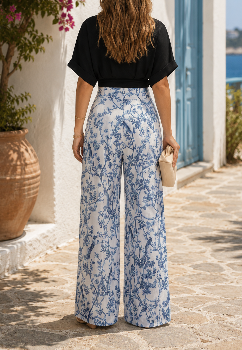 Kvinnors V-ringad Cropped Top med Tryckta Byxor