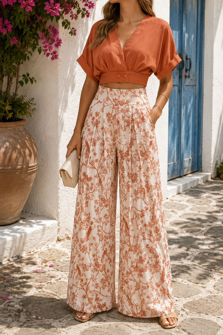 Kvinnors V-ringad Cropped Top med Tryckta Byxor
