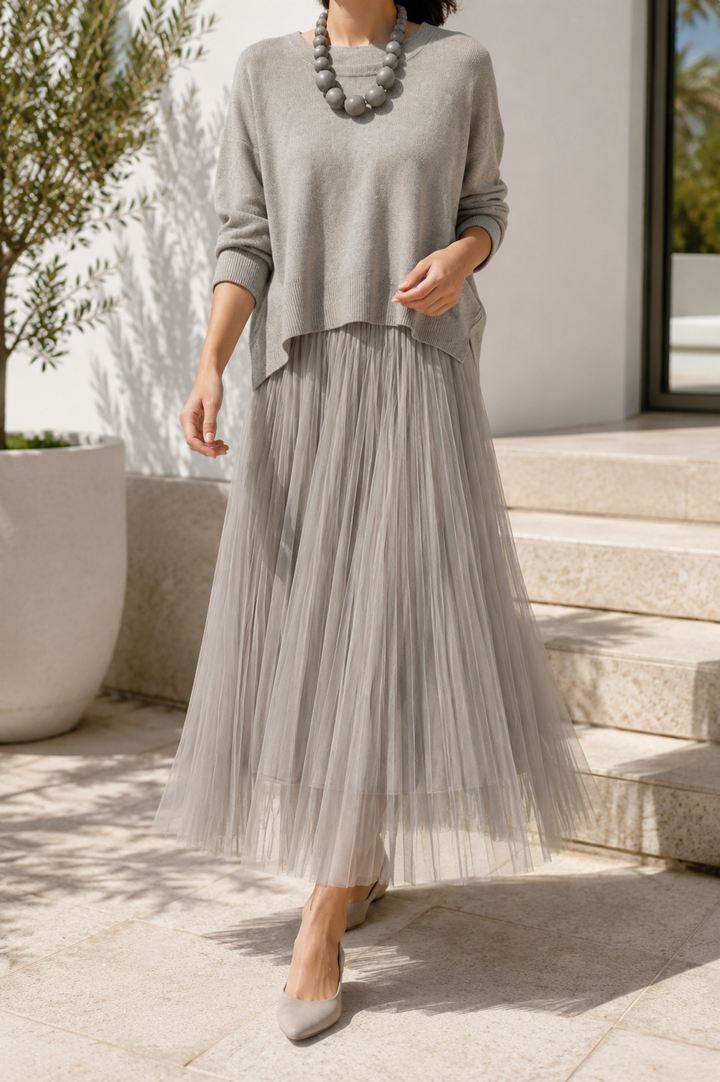Kvinnors Plisserad Lager Midi Klänning med Stickad Överdel