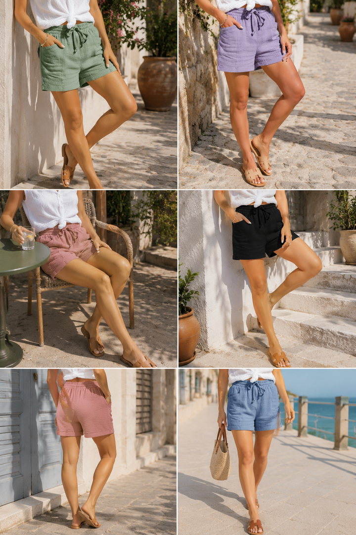 Kvinnors gasvävshorts med dragsko och fickdetalj