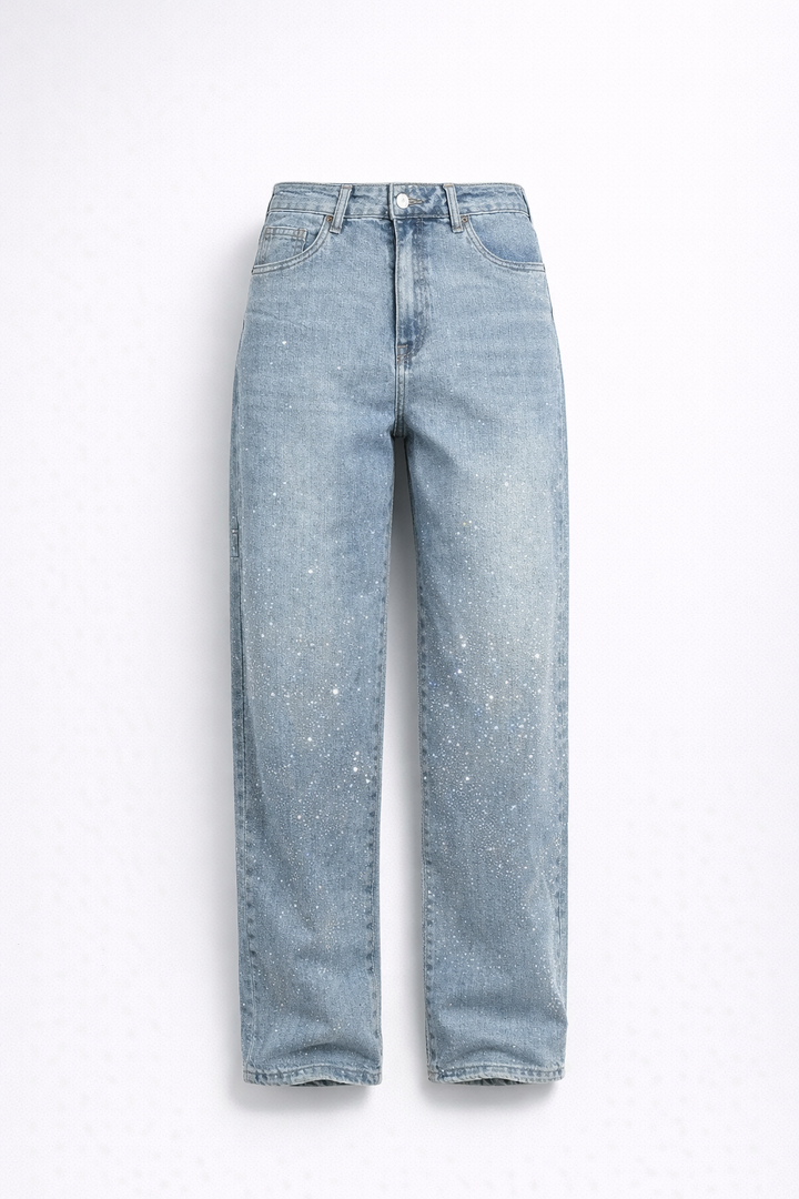 Kvinnors Högmidjade Rak Ben Jeans med Kristalldetaljer – Vintage Denim Look för Året Runt och Enkel Elegans