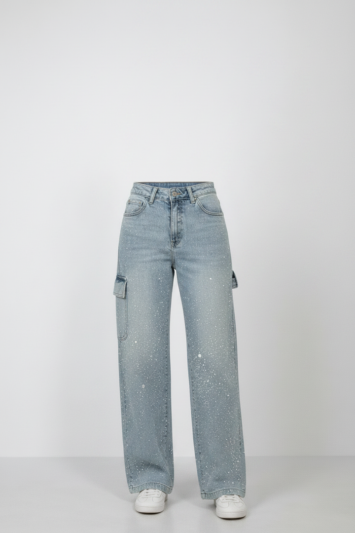 Kvinnors Högmidjade Rak Ben Jeans med Kristalldetaljer – Vintage Denim Look för Året Runt och Enkel Elegans