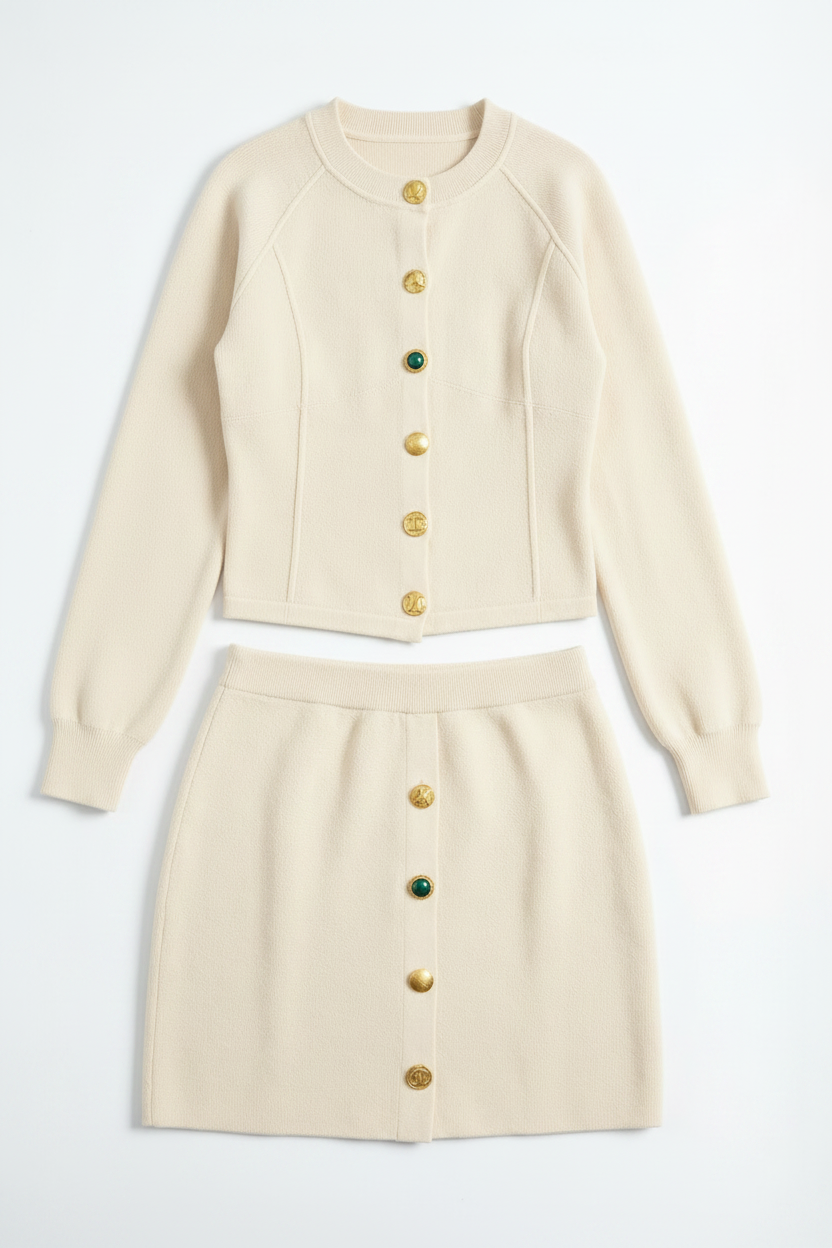 Dam Cardigan och Mini Kjol Koordinerad Set – Knappframs Autumn och Vinter Smart Casual Kläder