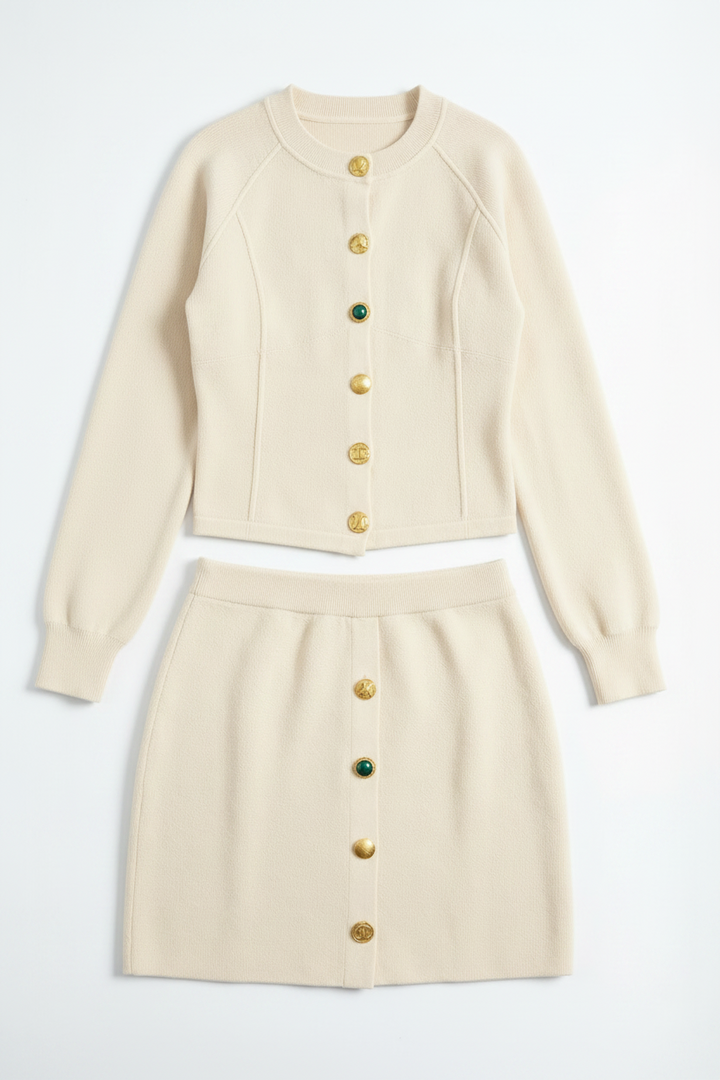 Dam Cardigan och Mini Kjol Koordinerad Set – Knappframs Autumn och Vinter Smart Casual Kläder