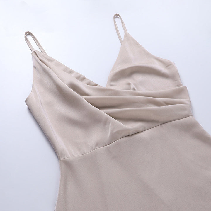Kvinnors Eleganta Midi Klänning Spaghetti Remmar Rygglös Delad Draperad Kvälls Klädsel