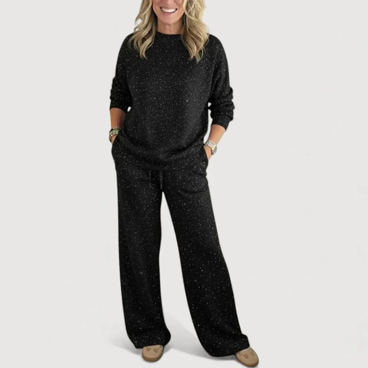 Kvinnors Avslappnade Lounge Set – Glittrande Crew Neck Koord för Höst och Vinter